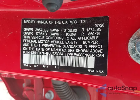 2020 Honda Civic Sport z USA, uszkodzony, nr VIN SHHFK7H49LU223954